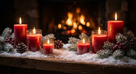 Glowing red holiday candles with snowy pine branches and berries on a rustic wooden mantelpiece in front of a warm, blurry fireplace