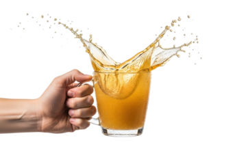 Bare hand firmly grips a modern glass mug with vibrant golden, frothy beverage, dynamic splashes and condensation, high-key studio product shot on white background, concept for cold beverage