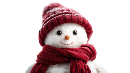 A snowman stands with a red knitted hat and matching scarf. It has button eyes and a smiling mouth. The bright background highlights the snowmans details.
