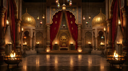 Fototapeta premium Luxurious Golden Royal Throne Room Interior for stage background theater