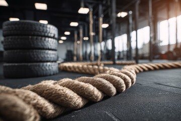 Gym Equipment Placed on the Floor With Tires and a Climbing Rope in a Fitness Center During the Day