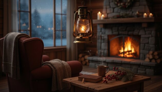 Cozy rustic cabin living room interior featuring a glowing vintage lantern, warm stone fireplace, and a comfortable armchair on a snowy winter evening - Powered by Adobe