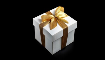 Obraz premium Square White Gift Box With Gold Ribbon On Top Isolated On Black Background