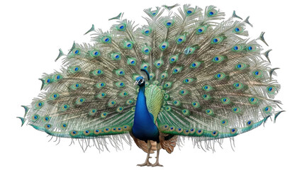 Fototapeta premium Peacock Displaying Feathers, Isolated on White