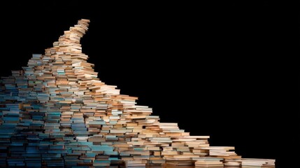 Books stacked in a mountain shape on a black background