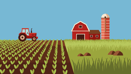 Fototapeta premium Tractor and Farm Scene with Red Barn, Silo, and Expansive Cropland Under a Bright Blue Sky.