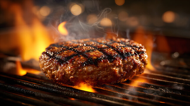 Grilled beef burger patty searing on barbecue grill with smoky char marks