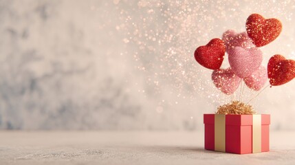 Gift box with heart-shaped balloons arranged for a special occasion