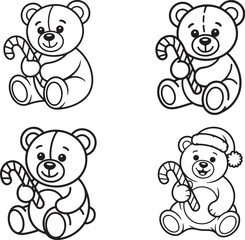 Obraz premium Cute Teddy Bear with Candy Cane Christmas Coloring Page Set – Holiday Line Art Illustration for Kids