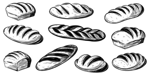 Set of different types of bread, pastry and buns. Vector black ink isolated illustration in sketch line style