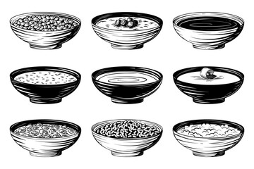 Set of different types of porridge for breakfast oatmeal, rice, buckwheat, flakes, corn. Vector black ink isolated illustration in sketch line style
