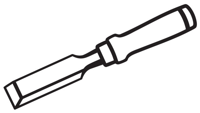 Black and white line drawing of a wood chisel with a beveled blade and wooden handle