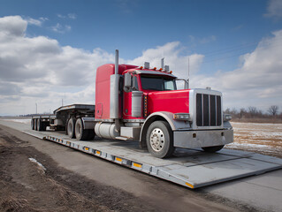 A truck with a trailer on a scale used to measure maximum load. Neural network AI generated art