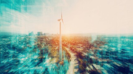 Wind turbine stands tall over city skyline during sunset near mountains