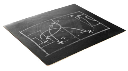 Soccer or football plan and chalk on blackboard with tactics strategy, isolated on white, side view
