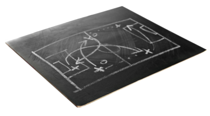 Soccer or football plan and chalk on blackboard with tactics strategy, isolated on white, side view