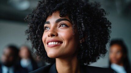 Woman smiles during meeting at office in bright setting with colleagues nearby