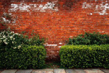Red and white old brick wall with green hedge, summer day, copy space, background, texture