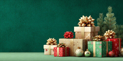 Green Christmas background with New Year's gifts and decor. New Year's atmosphere. Shiny ribbons. Green background. Greeting card or banner.