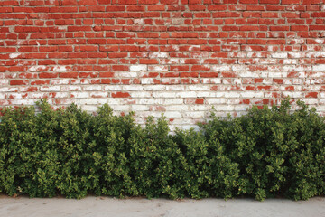 Red and white old brick wall with green hedge, summer day, copy space, background, texture