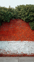 Red and white old brick wall with green hedge, summer day, copy space, background, texture