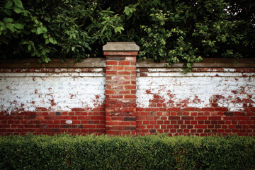 Red and white old brick wall with green hedge, summer day, copy space, background, texture