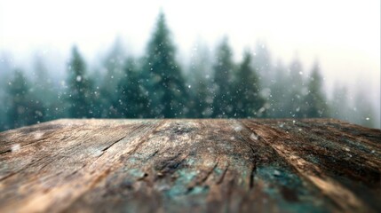 Wooden table in snow with green trees in the background during winter