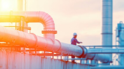 Worker checks pipes at industrial site during sunset in outdoor setting