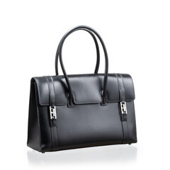 modern black leather bag, photographed on a white background with reflection