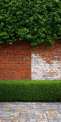 Red and white old brick wall with green hedge, summer day, copy space, background, texture