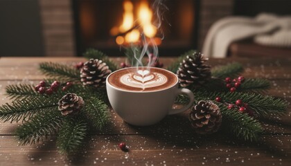 Steaming white cup of cappuccino coffee with heart latte art is surrounded by festive pine branches and pinecones on a rustic wooden table with a cozy fireplace in the background
