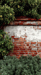 Red and white old brick wall with green hedge, summer day, copy space, background, texture