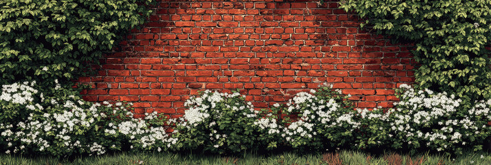 Red and white old brick wall with green hedge, summer day, copy space, background, texture