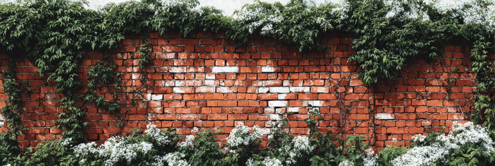 Red and white old brick wall with green hedge, summer day, copy space, background, texture