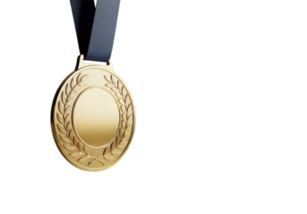Gleaming, polished gold medal with intricate laurel wreath, deep blue satin ribbon, on a clean neutral background with copy space, studio light. Concept of achievement and excellence