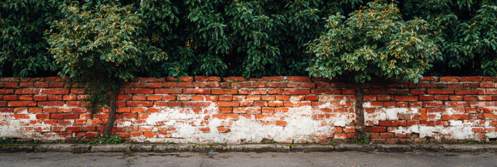 Red and white old brick wall with green hedge, summer day, copy space, background, texture