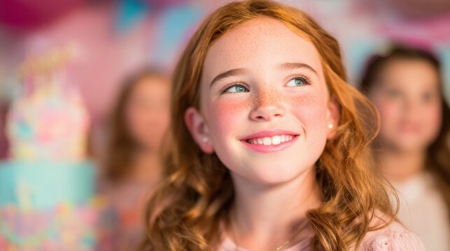 Girl smiles during birthday party with friends in colorful setting - Powered by Adobe