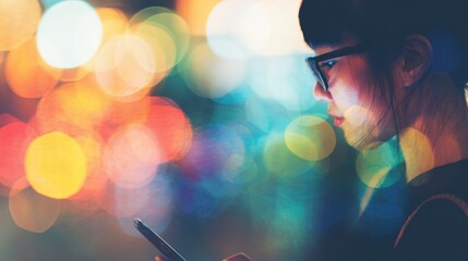 Young woman uses smartphone while standing in city at night