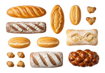Diverse freshly baked artisanal breads and rolls arranged flat-lay on a transparent background with copy space, concept for bakery marketing