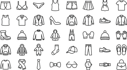 Clothing and accessories icon set, black and white line drawings, fashion symbols, vector illustration, seasonal wear graphics, garment and style elements