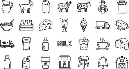 Dairy and milk product icon set, black and white line drawings, farm-to-table symbols, vector illustration, food and beverage graphics, nutrition elements