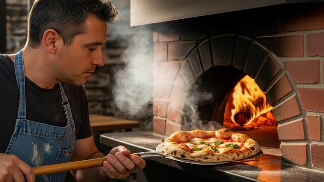 Professional adult caucasian male chef taking a freshly baked pizza from a wood fired brick oven. Skilled pizzaiolo preparing an authentic italian margherita in a restaurant kitchen
