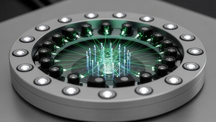 Close up view of a futuristic circular device with glowing green digital data streams and illuminated lights on a metallic surface