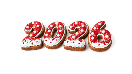 Christmas cookies shaped as  2026. The cookies are decorated with  icing, sprinkles and sugar pearls