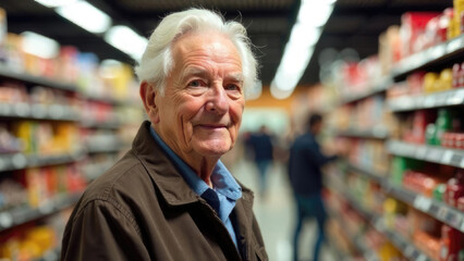 A senior European man examines product labels in a supermarket aisle with shopping cart nearby. Marketing visual for grocery campaigns targeting older demographics and family shoppers