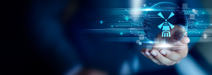 Agriculture Technology concept, Businessman hold Agriculture Technology icon for smart farming, crop innovation, automation and sustainable food systems.