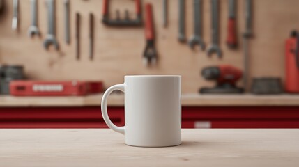 White coffee mug on a table with blurred red workbench and hanging tools in the background.