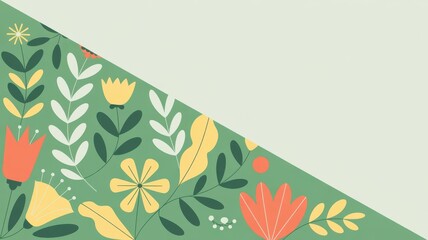 Modern minimalist flat vector floral corner — mint background, yellow & coral flowers, dark green leaves, spring sale & Mother's Day banner with copy space