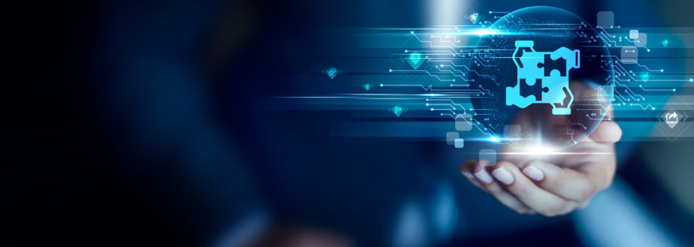 Business Integration concept, Businessman hold Business Integration icon on a workflow optimization interface, streamlined workflows and connected business processes.