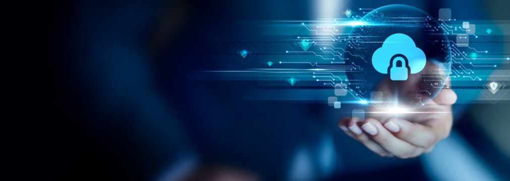 Cloud Security concept, Businessman hold Cloud Security icon for data protection, secure cloud environments and advanced cybersecurity measures. - Powered by Adobe